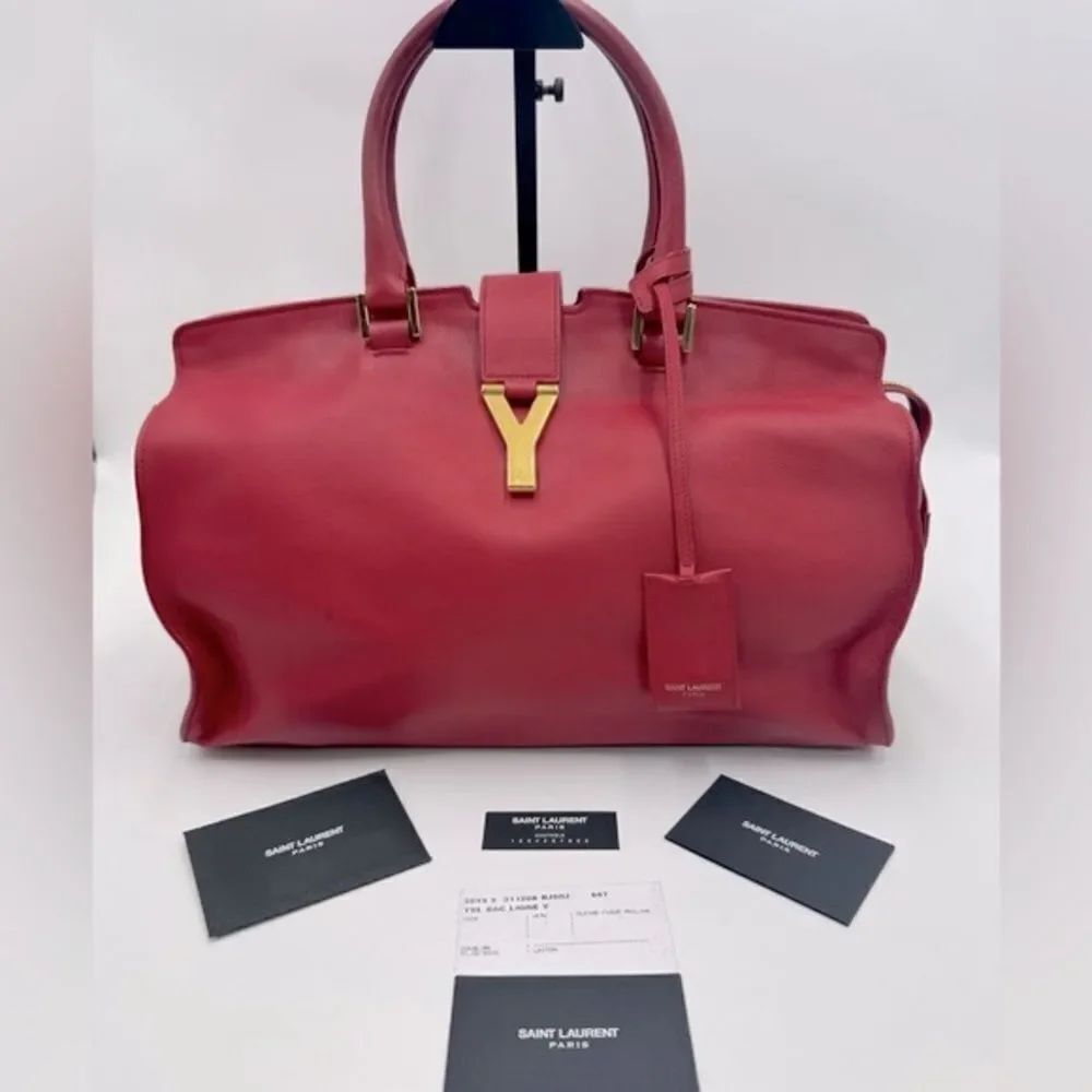 Saint Laurent Large Ligne Y Cabas Soft Red Leather Chyc Sac Tote Bag Satchel